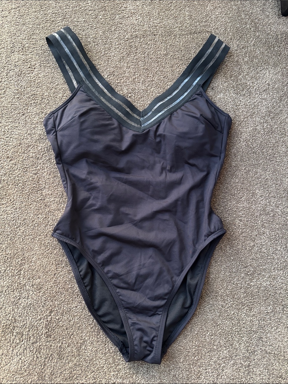 Kenneth Cole Black V‑Neck One‑Piece Swimsuit with Striped Straps